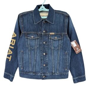Ariat Men's Western Work Trucker Jacket Size Small Blue Denim Logo Richford NWT